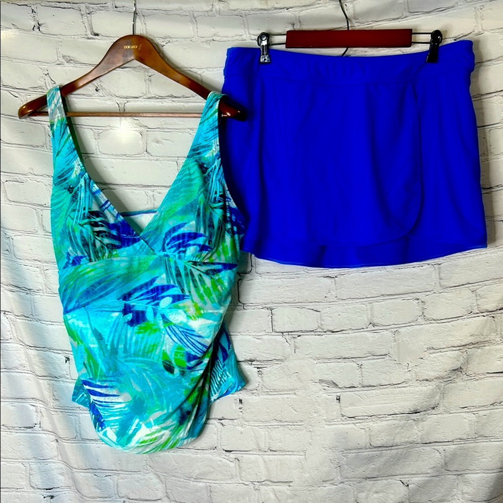 Simply Swim Cobalt Blue Green Palm Print Tankini Swim Skirt Set Size 20W